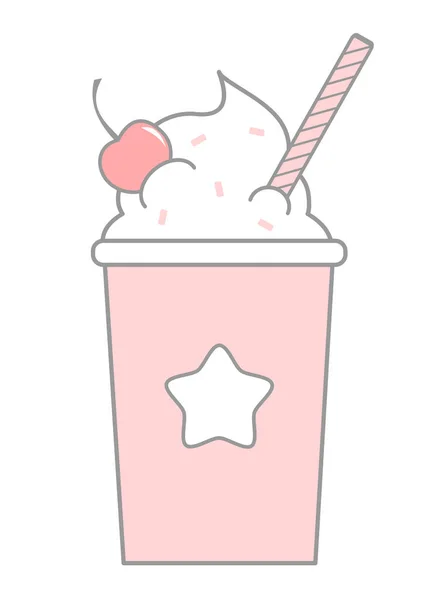 Lindo caricatura rosa para llevar taza de plástico con crema batida y cereza vector ilustración aislada sobre fondo blanco — Vector de stock