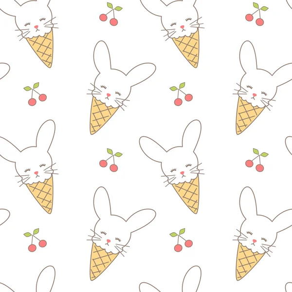 Cute cartoon bunny rabbit ice cream seamless vector pattern background illustration — Stock Vector