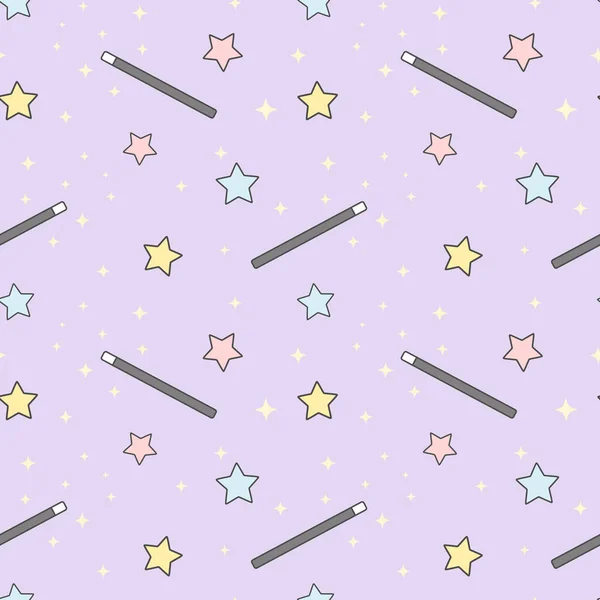 Cute cartoon magic wand with colorful stars seamless vector pattern background illustration — Stock Vector