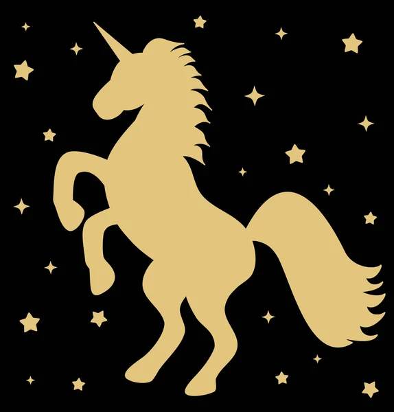 Cute gold unicorn silhouette with stars on black background vector illustration — Stock Vector