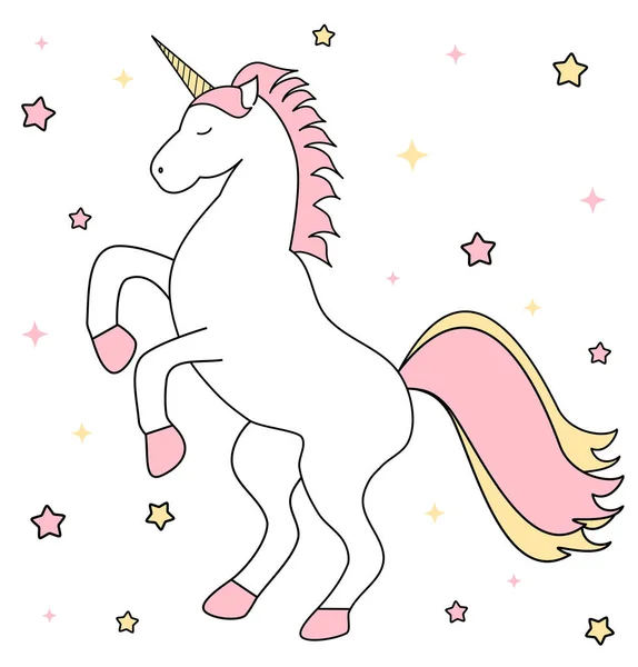 Lindo unicornio de dibujos animados con rosa y amarillo estrellas vector ilustración — Vector de stock