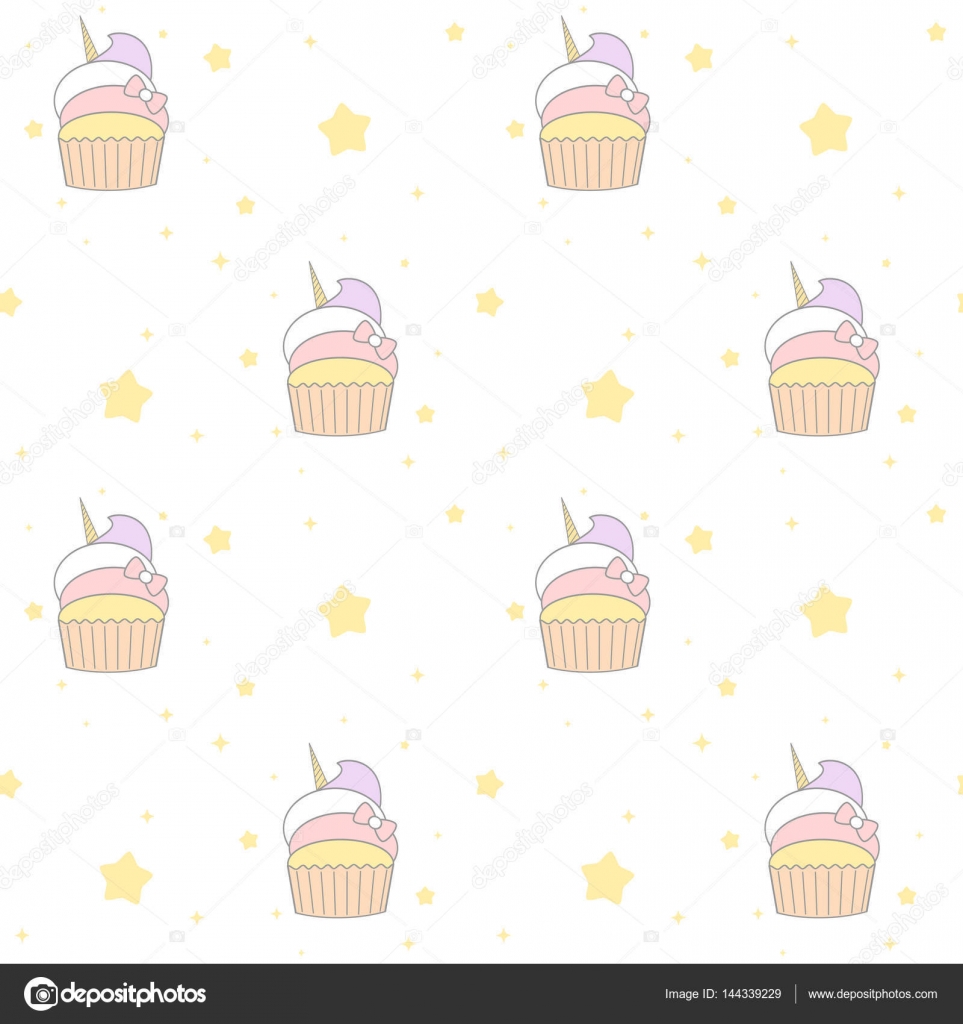 Cute Cartoon Unicorn Cupcake Seamless Vector Pattern Background