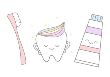 sevimli çizgi diş gökkuşağı diş macunu ve pembe diş fırçası vektör çizim ile