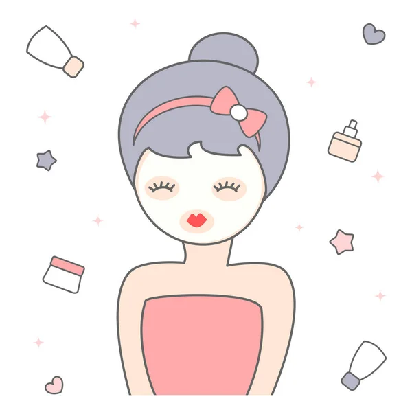 Lucu kartun gadis dengan kecantikan masker vektor gambar - Stok Vektor