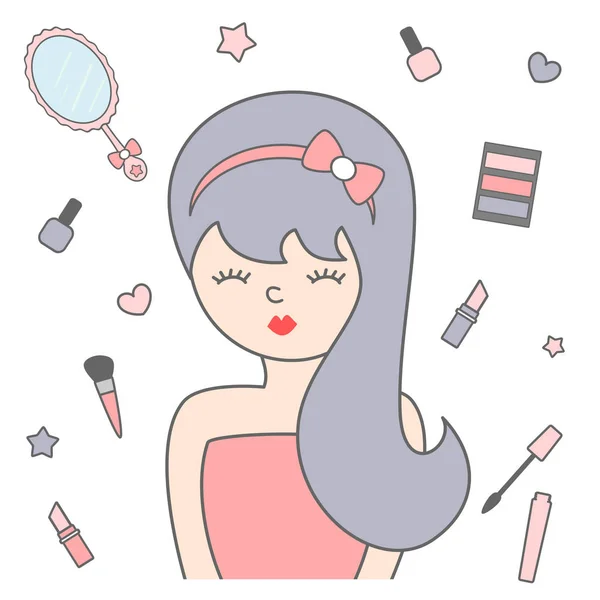 Roztomilý kreslený dívka a make-upu vektorové ilustrace — Stockový vektor