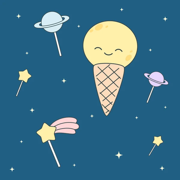 可爱的卡通冰淇淋月亮和棒棒糖恒星和行星矢量图 — 图库矢量图片