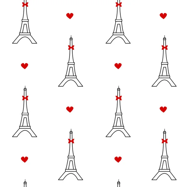 에펠 탑과 하트 귀여운 블랙 화이트 레드 원활한 벡터 패턴 배경 그림 — 스톡 벡터
