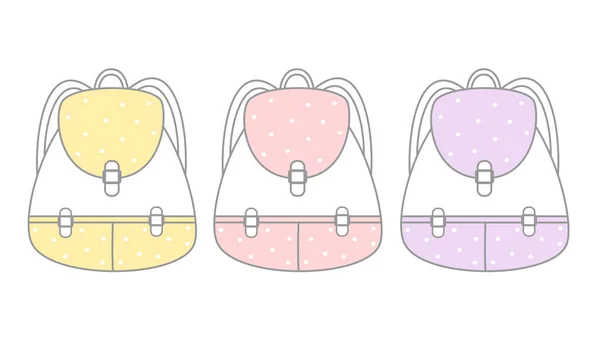 Mignon dessin animé jaune rose et violet sac à dos ensemble illustration vectorielle — Image vectorielle