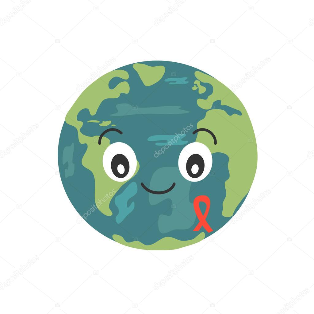 cute cartoon earth planet with aids red ribbon vector illustration