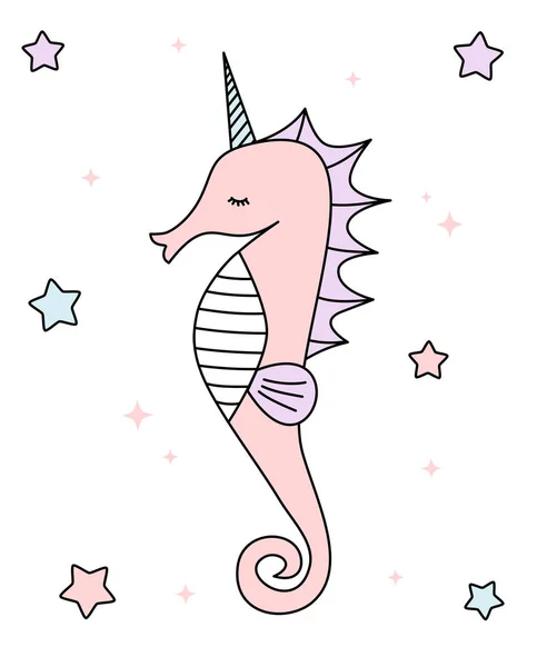 Lucu kartun berwarna unicorn seahorse vektor ilustrasi terisolasi di latar belakang putih - Stok Vektor