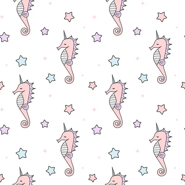 Lindo dibujo animado colorido unicornio caballito de mar sin costura patrón de fondo ilustración — Archivo Imágenes Vectoriales