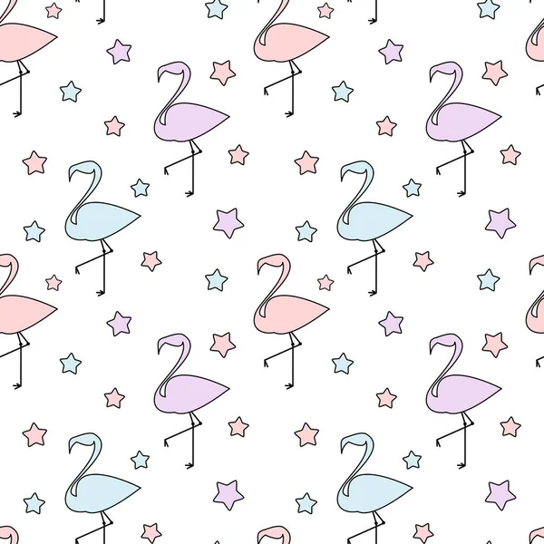 Bonito colorido flamingos silhueta com estrelas sem costura vetor padrão fundo ilustração — Vetor de Stock