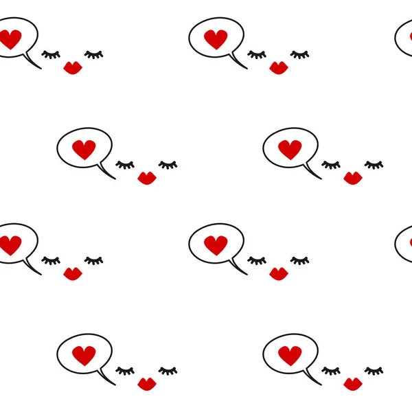 Hand getekende schattig naadloze patroon achtergrond vectorillustratie met wimpers, rode lippen en toespraak bubble met hart — Stockvector