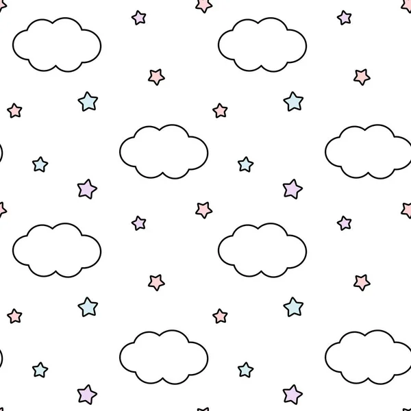 Cute colorful seamless vector pattern background illustration with clouds and stars — Stock Vector