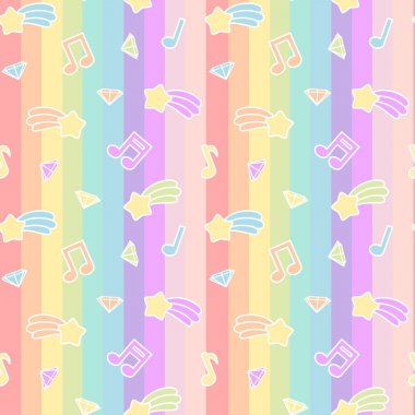 sevimli çizgi renkli kesintisiz vektör desen arka plan illüstrasyon yıldız kuyruklu yıldız, müzik notlar ve rainbow çizgili üstünde elmas ile karıştırın