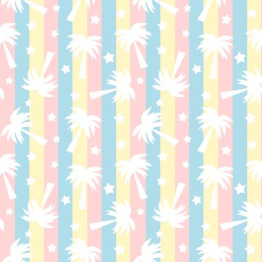 sevimli beyaz palmiye ağaçları siluet üzerinde renkli çizgili sorunsuz vektör desen arka plan illüstrasyon