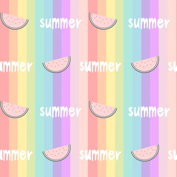 Bunte Regenbogen gestreifte nahtlose Vektormuster Hintergrund Illustration mit Wassermelonen Scheibe und handgezeichneten Schriftzug Wort Sommer — Stockvektor