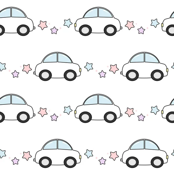 Schattige cartoon witte auto's naadloze patroon achtergrond vectorillustratie met kleurrijke sterren — Stockvector