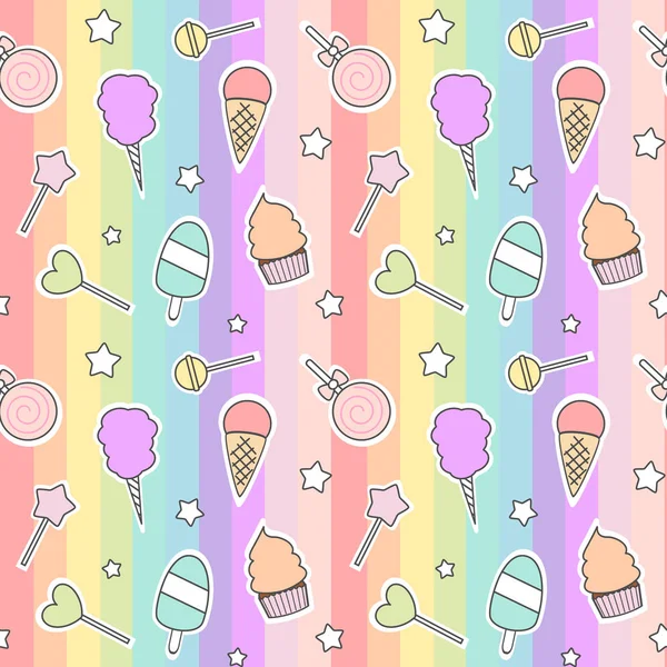 Милый мультипликационный векторный рисунок с леденцами, мороженым, леденцами и сахарной ватой на красочных полосах — стоковый вектор