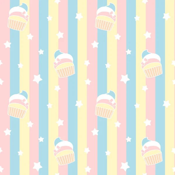 Sevimli çizgi cupcakes renkli çizgili sorunsuz üzerinde desen arka plan illüstrasyon vektör — Stok Vektör