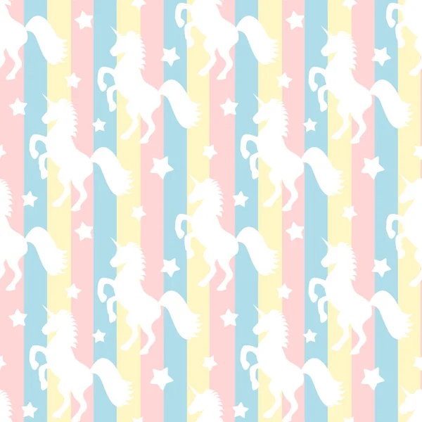 Cute white unicorns silhouette on colorful stripes seamless vector pattern background illustration — Stock Vector