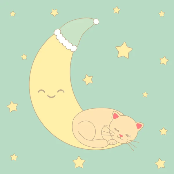 Carino fumetto gatto dormire sulla luna circondato da stelle vettoriale illustrazione — Vettoriale Stock