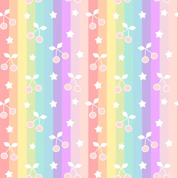 Carino cartone animato ciliegie su arcobaleno strisce colorate senza soluzione di continuità modello vettoriale sfondo illustrazione — Vettoriale Stock