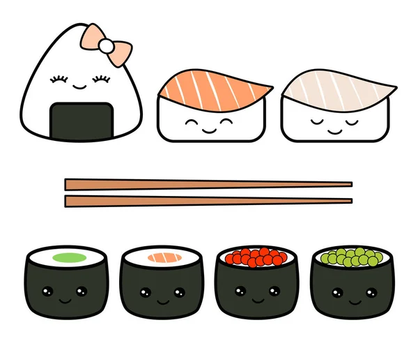 Carino cartone animato giapponese cibo set vettoriale illustrazione isolato su sfondo bianco — Vettoriale Stock