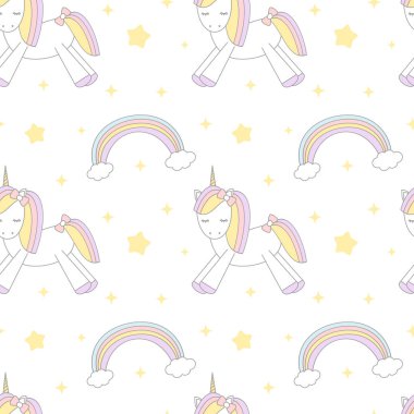 sevimli çizgi tek boynuzlu at ve gökkuşağı Dikişsiz desen arka plan illüstrasyon vektör