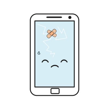 sevimli beyaz arka plan üzerinde izole kırık ve üzgün smartphone vektör çizim karikatür