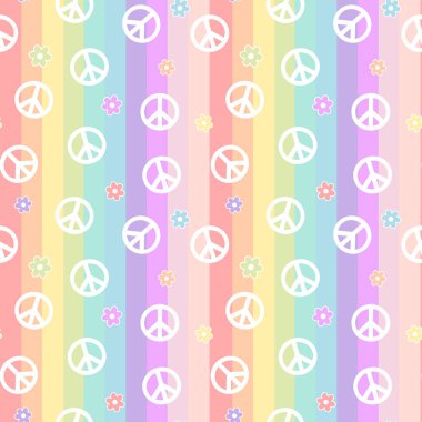 Gökkuşağı renkli çizgili sorunsuz vektör desen arka plan illüstrasyon papatya çiçekleri ile sevimli beyaz barış işareti