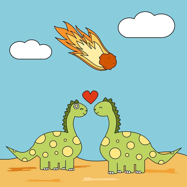Sevimli çizgi çift aşk meteor sırasında dinozorlar komik kavramı vektör çizim strike — Stok Vektör