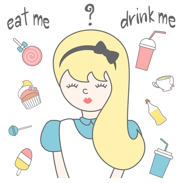 Hand drawn lettering eat me drink me vector card illustration with Alice in wonderland, candies, juice, tea, ice cream, cupcake, lollipop and drinks — Stock Vector