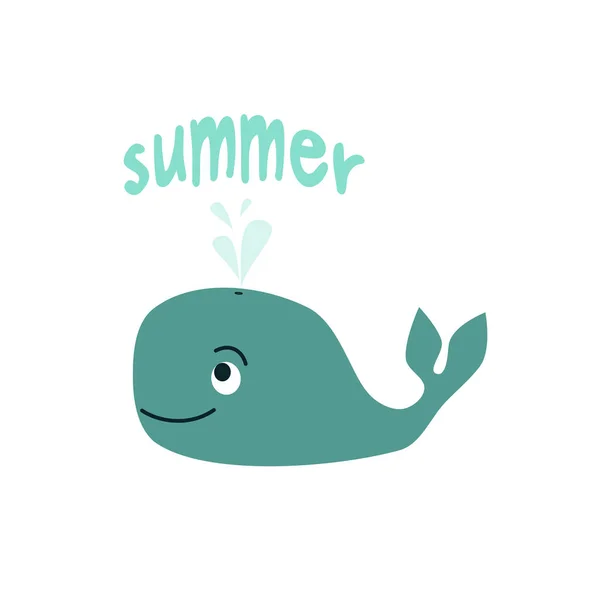 Hand getrokken belettering zomer kaart met schattige cartoon kleurrijke walvis vectorillustratie geïsoleerd op witte achtergrond — Stockvector