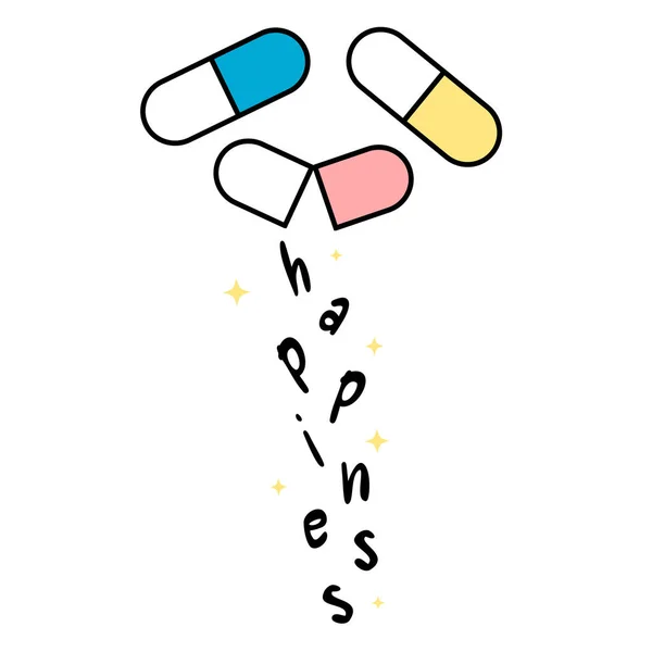 Mano dibujado letras felicidad terapia concepto vector fondo ilustración con pastillas — Vector de stock