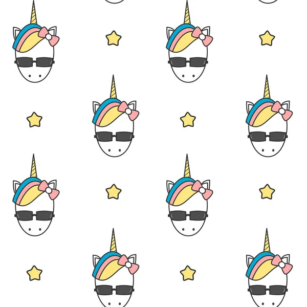Linda cabeza de unicornio colorido de dibujos animados con gafas de sol sin costuras patrón de fondo ilustración — Archivo Imágenes Vectoriales