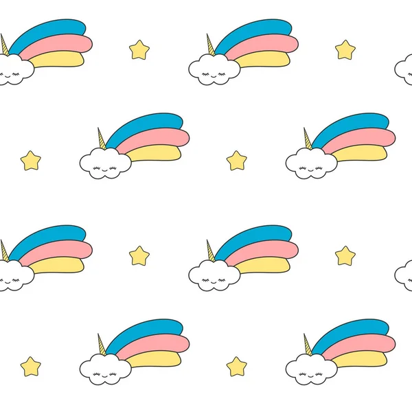 Lindas nubes de unicornio de dibujos animados con arco iris divertido sin costuras patrón de fondo ilustración — Vector de stock