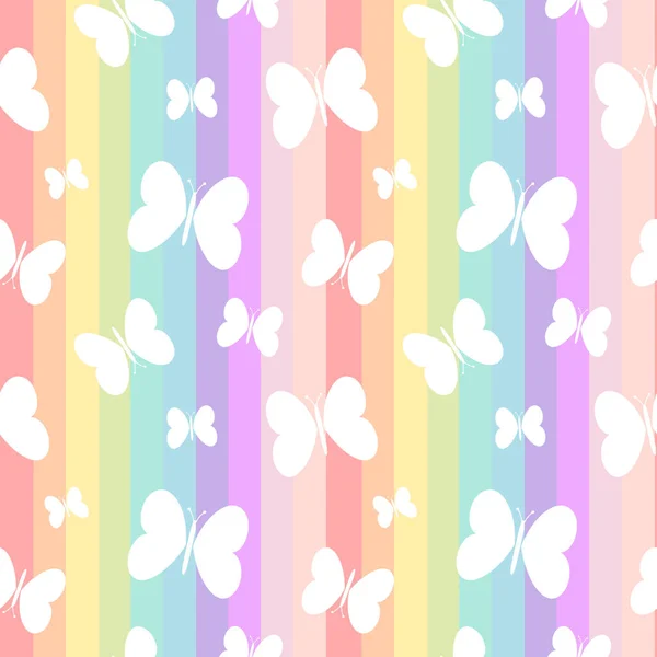Милые белые бабочки на радуге красочные полосы бесшовные векторные рисунки рисунок фона — стоковый вектор