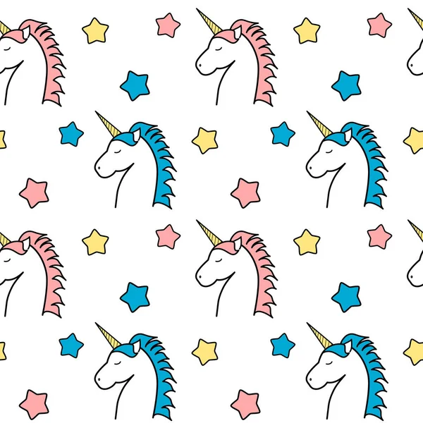 Lindo unicornio colorido de dibujos animados con estrellas sin costuras patrón de fondo ilustración — Archivo Imágenes Vectoriales