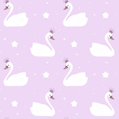 Menekşe arka plan sorunsuz vektör desen çizim üzerinde şirin güzel prenses Kuğu