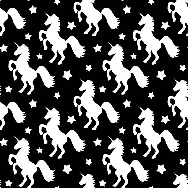 Бесшовный векторный рисунок с белыми звездами и единорогами на черном фоне — стоковый вектор