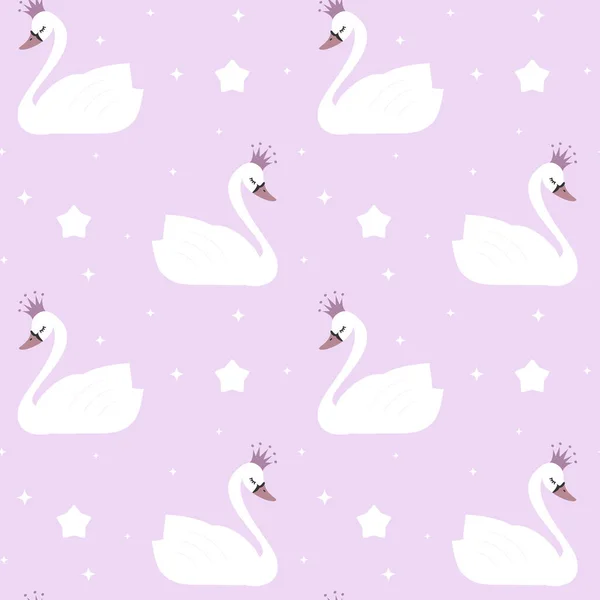 Lindo cisne princesa encantadora sobre fondo violeta sin costuras patrón vectorial ilustración — Vector de stock