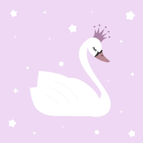 Leuke mooie prinses zwaan op violette achtergrond vectorillustratie — Stockvector