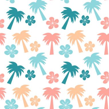 renkli kesintisiz vektör desen arka plan illüstrasyon palmiye ağaçları ve hibiscus çiçek ile
