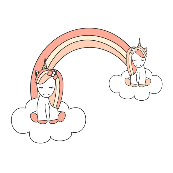 Drăguț desen animat unicorni mici pe nori cu ilustrație vectorială curcubeu — Vector de stoc