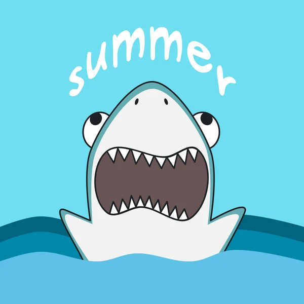 여름 손 귀여운 만화 상어 벡터 일러스트와 함께 서 예를 작성 — 스톡 벡터