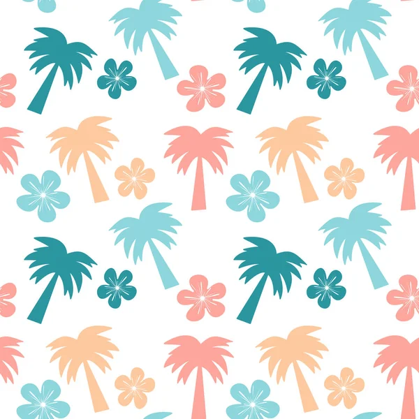 Kleurrijke naadloze patroon achtergrond vectorillustratie met palmbomen en hibiscus bloemen — Stockvector