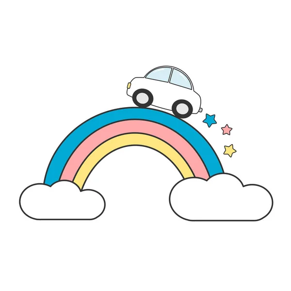 Sevimli çizgi araba renkli gökkuşağı vektör çizim üzerinde — Stok Vektör