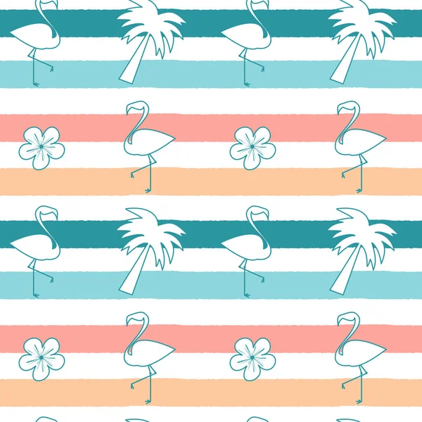 Söt sömlös vektor mönster bakgrund illustration med flamingos, hibiscus blommor och palmträd på färgglada ränder — Stock vektor