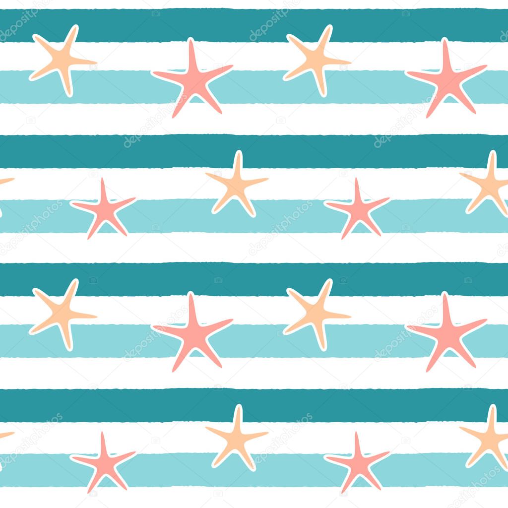 cute starfishes on blue stripes background seamless vector pattern illustration